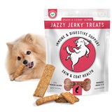 Load image into Gallery viewer, HappyTails Canine Wellness splash-a-licious premium salmon jazzy jerky made in usa natural ingredients immune digestive support skin &amp; coat health prebiotics omega 3 &amp; 6 front bag